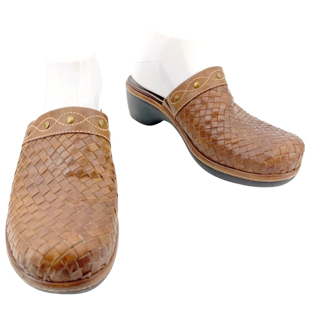 ECCO Woven Leather Clogs Womens 9 EU 40 Brown Slip On Mules Studded Block Heel